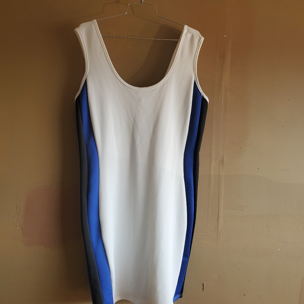 Ashley Stewart White and Blue Colorblock Midi Dress